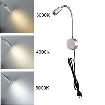 AC100-240V Stříbrná 3W 3000K 4000K 6000K LED Čtecí světla s EU USA Zástrčkou pro Postelové Čelo Stůl Hliníková Husí krk nástěnná lampa