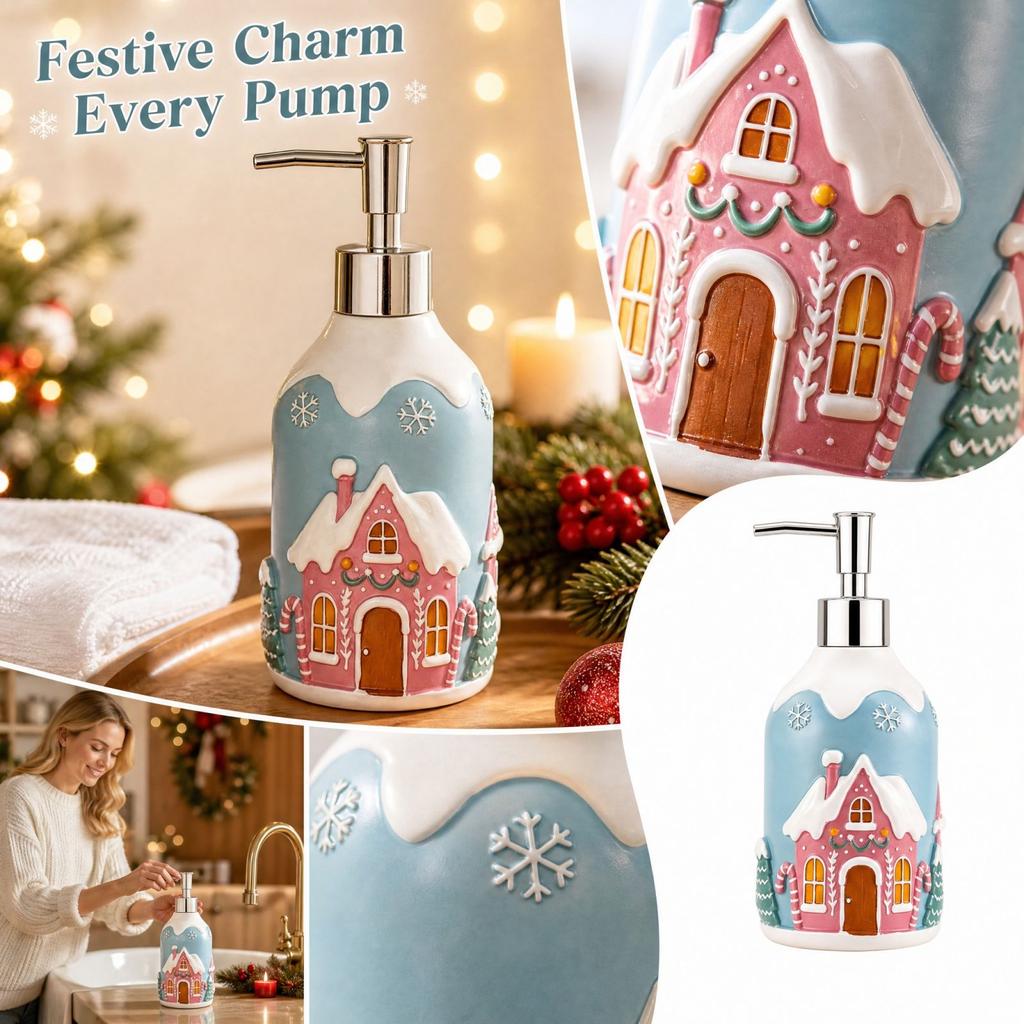 Christmas Resin Soap Dispenser Bottle, Refillable Holiday Bathroom Kitchen Decor
