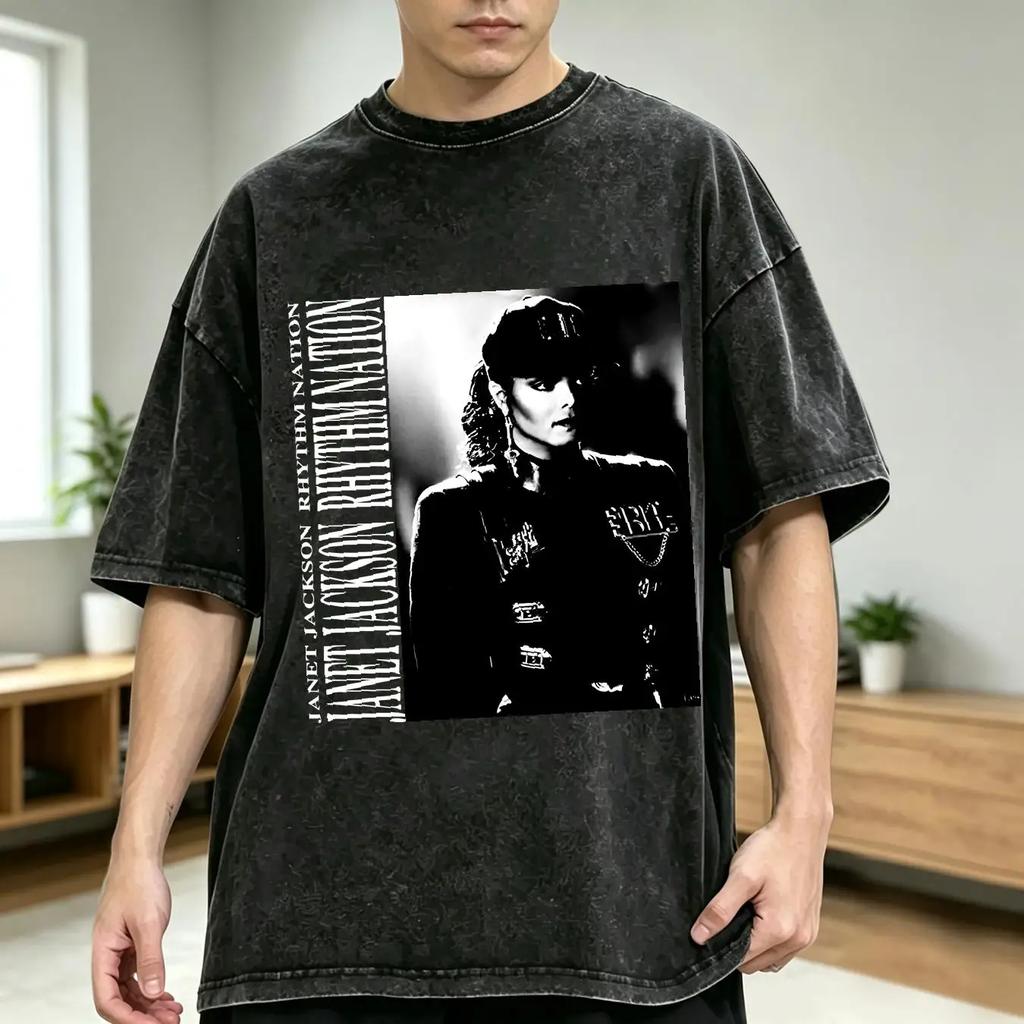 T-shirt lavata Vintage Janet Jackson Rhythm Nation Tour maniche lunghe o corte vintage Lavata moda Unisex