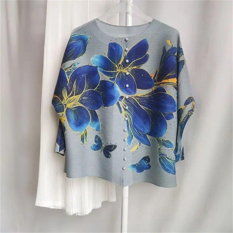 Fashionable Printed Cardigan Top for Women's Spring New Pleated Slimming Versatile Western-style Age Reducing Shirt