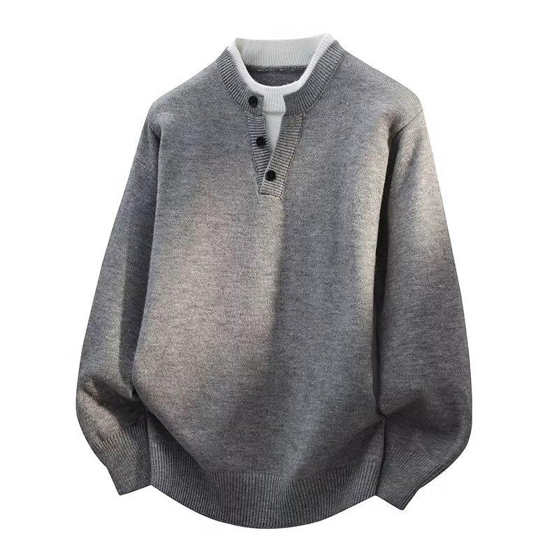 Fake Two Piece V Neck Button Knit Sweater Men Lazy Luxury Autumn Winter