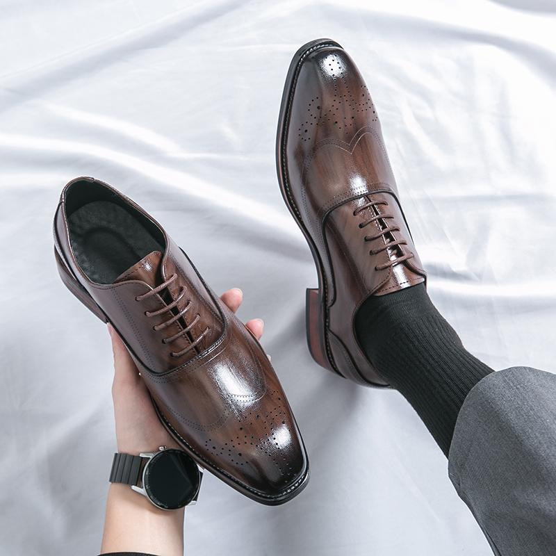 Brock leather shoes engraved British style wedding groom shoes hair stylist wear-resistant breathable brown