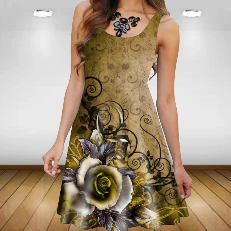 Sleeveless Floral Pattern Women Casual Mini Dresses Summer 3D Printed Street Trend Ladies Flower Dress Loose Dress