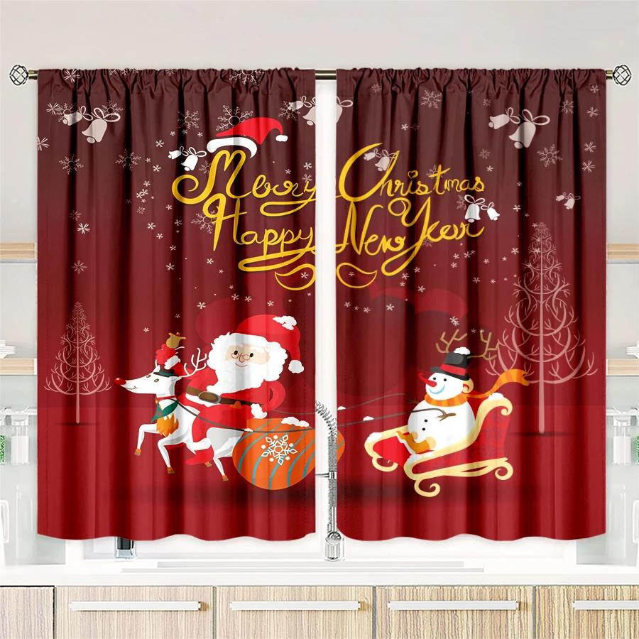 2PCS- Christmas Santa Claus Christmas tree pattern printed curtains   Christmas decorations   home decorations   room decorations