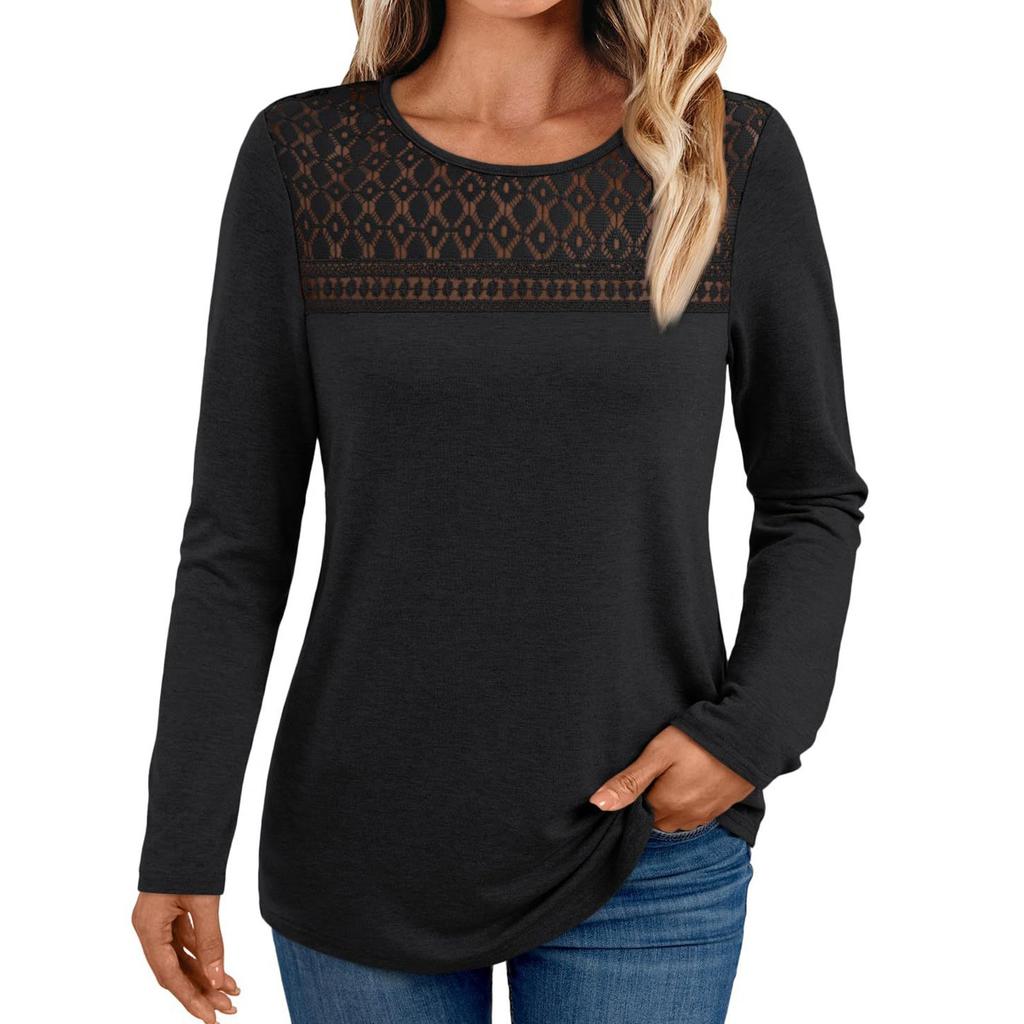 Women's Loose Casual Solid Color Mesh Lace Hollow Out Versatile Long Sleeved Top
