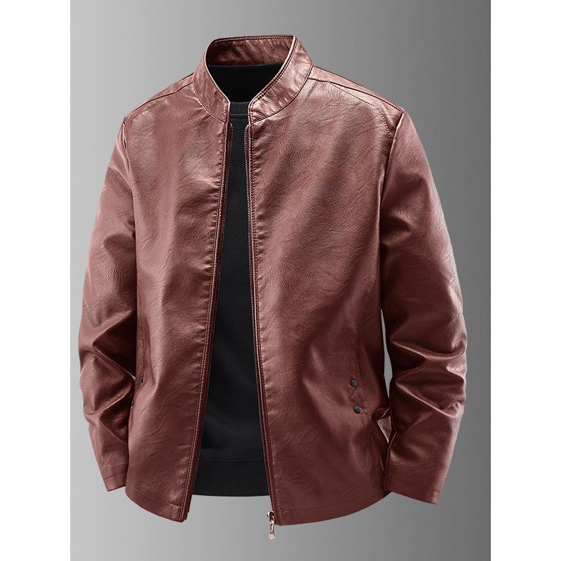Men's Slim Fit Genuine Leather Jacket with Stand Collar and Velvet Lining - Casual Motorcycle Outerwear
