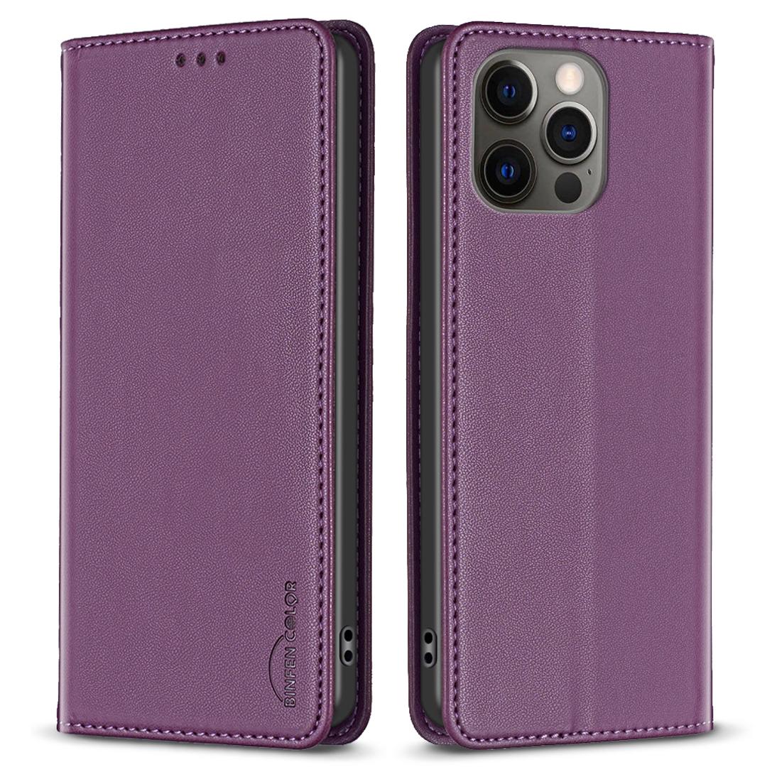 

BINFEN COLOR BF18 For iPhone 12 Pro Max Anti-Dust Cell Phone Case PU Leather Card Slot Stand Phone Cover Dark Purple