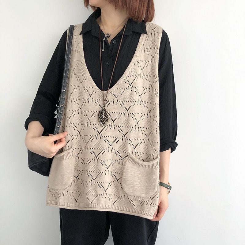 Knitted Vest Women's V-neck Hollow Thin Sweater Solid Color Casual Knitted Pullover Sleeveless Top Large Pocket Design Loose Casual Autumn