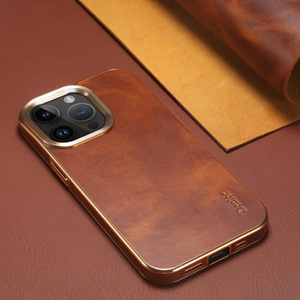 High-End Business Retro Ölwachs Erste Schicht Leder Schlüsselfertige Galvanik-Hülle Für Iphone 16 15 14 Plus 13 12 Pro Max Hüllen