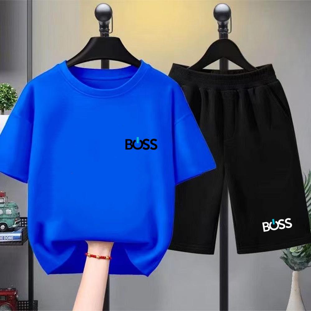 Children's summer short-sleeved printed T-shirt set, white and black T-shirt + shorts two-piece set.