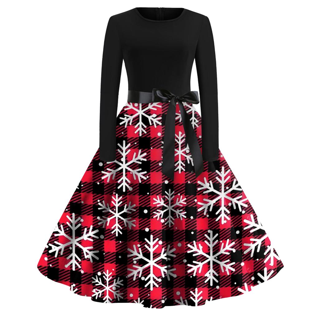 Women's Fashion Casual Round Neck Christmas Print Long Sleeve Dress