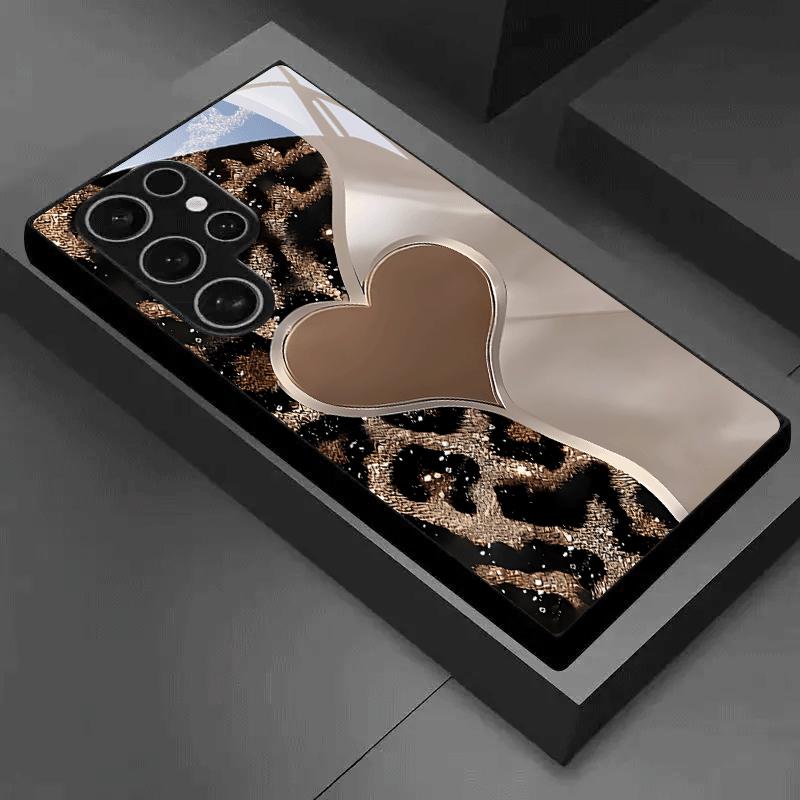 

Leopard print heart-shaped glass phone case suitable for Samsung for galaxy S26 S25 S24 S23 S21 S20 FE Ultra Plus 5G anti drop Galaxy S24 чёрный
