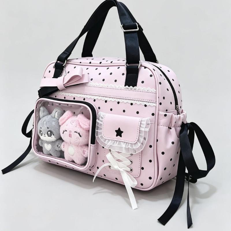 Polka Dot Ita Bag With Lace Bow Decor Women Transparent Pocket Shoulder & Handheld Dual-use Bag Lolita Style Daily Commute Bag