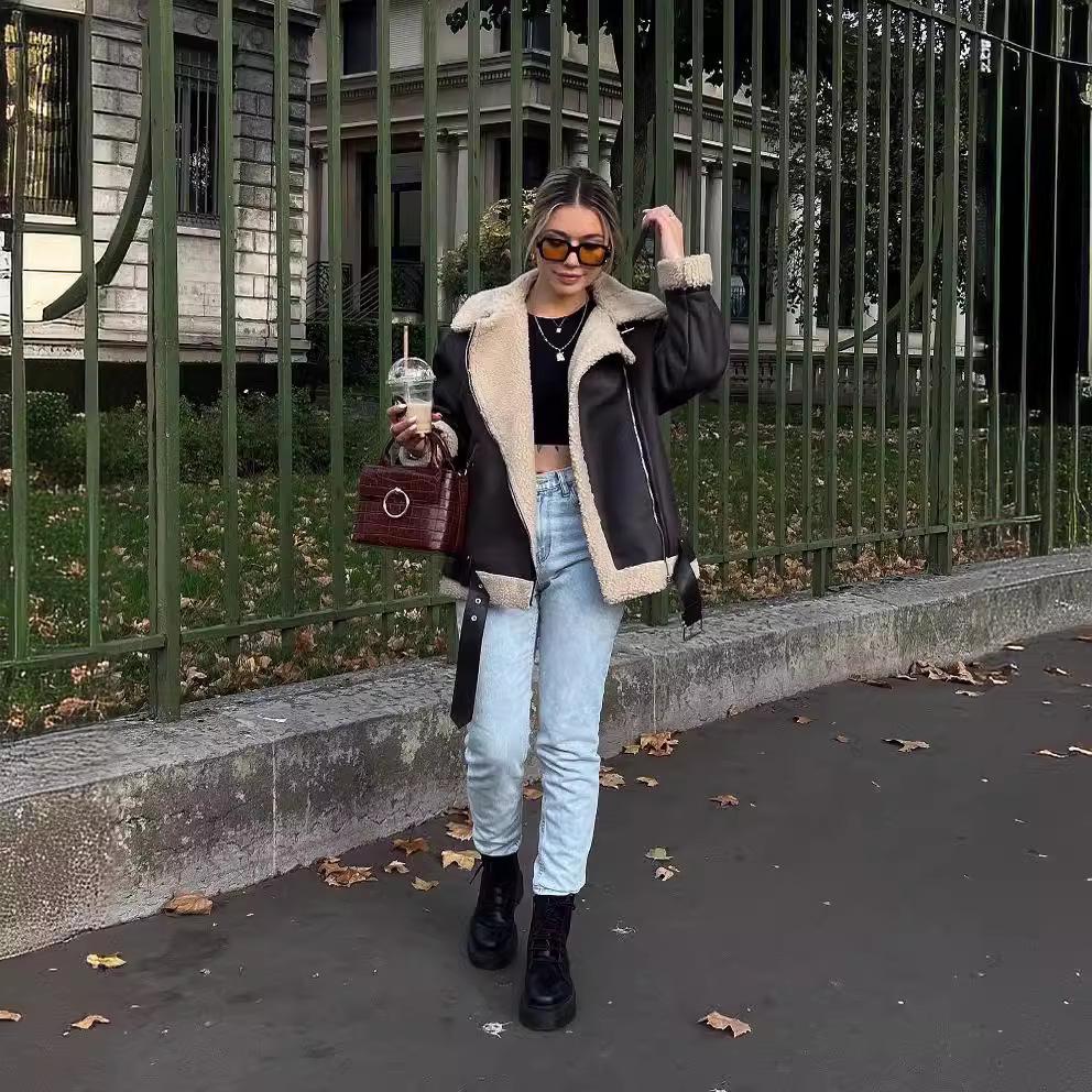 Jachetă de blană franțuzească cu fermoare multiple pentru femei europene și americane