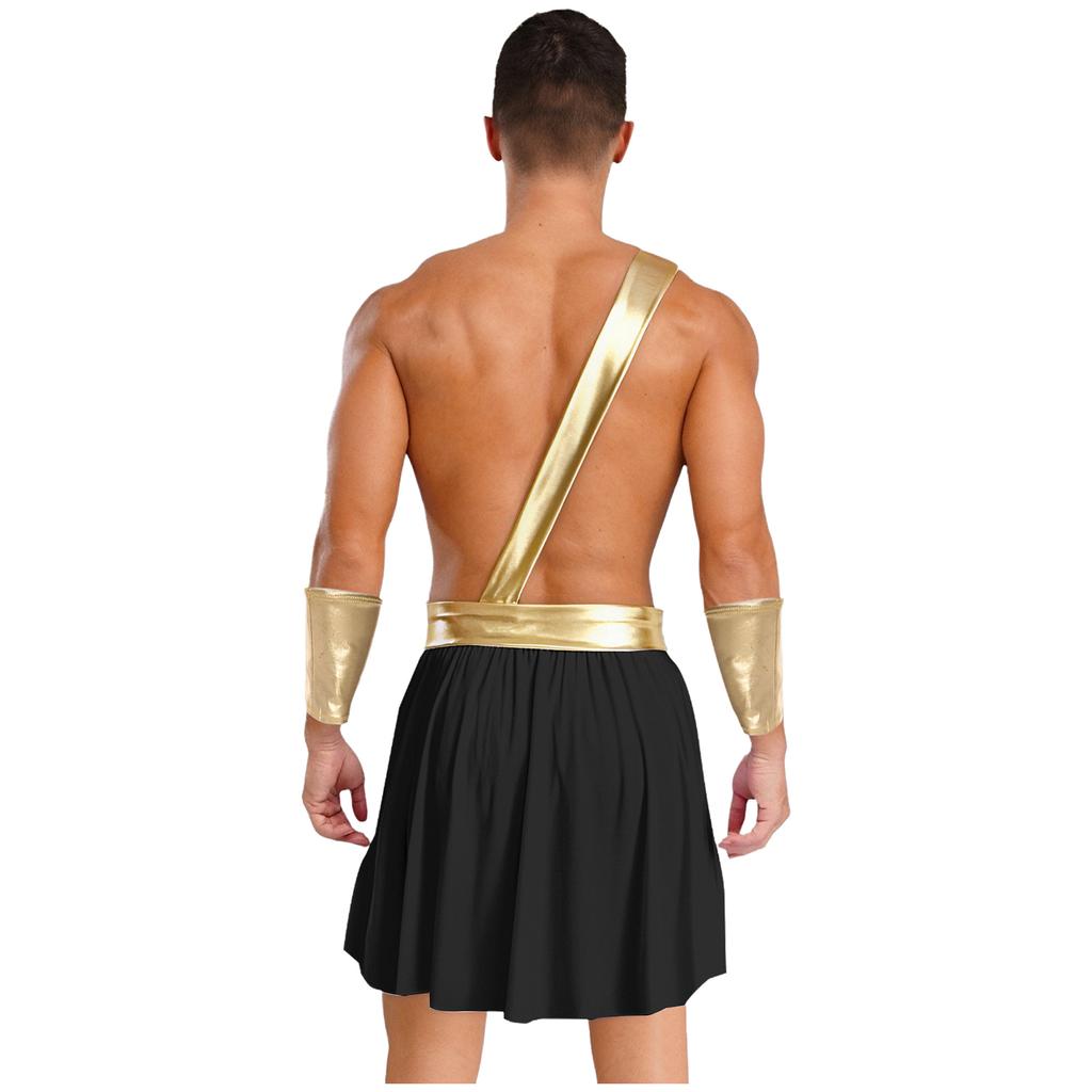 Mens Love God Costume Elastic Waist Contrast Color Heart Design Asymmetrical Skirt Metallic Sash Cuffs Set