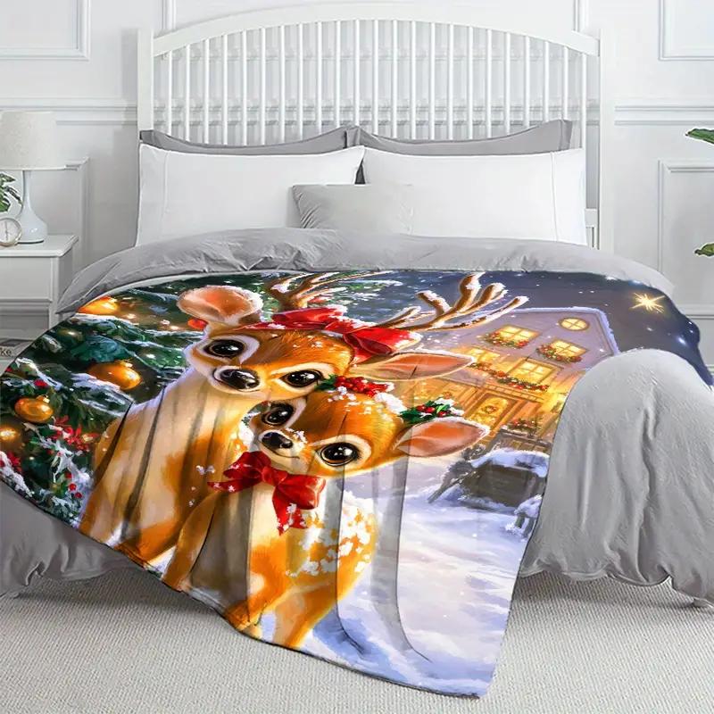 Cozy Christmas reindeer flannel blanket suitable for sofa, bed, office, travel, camping, nap blanket, holiday gift decoration