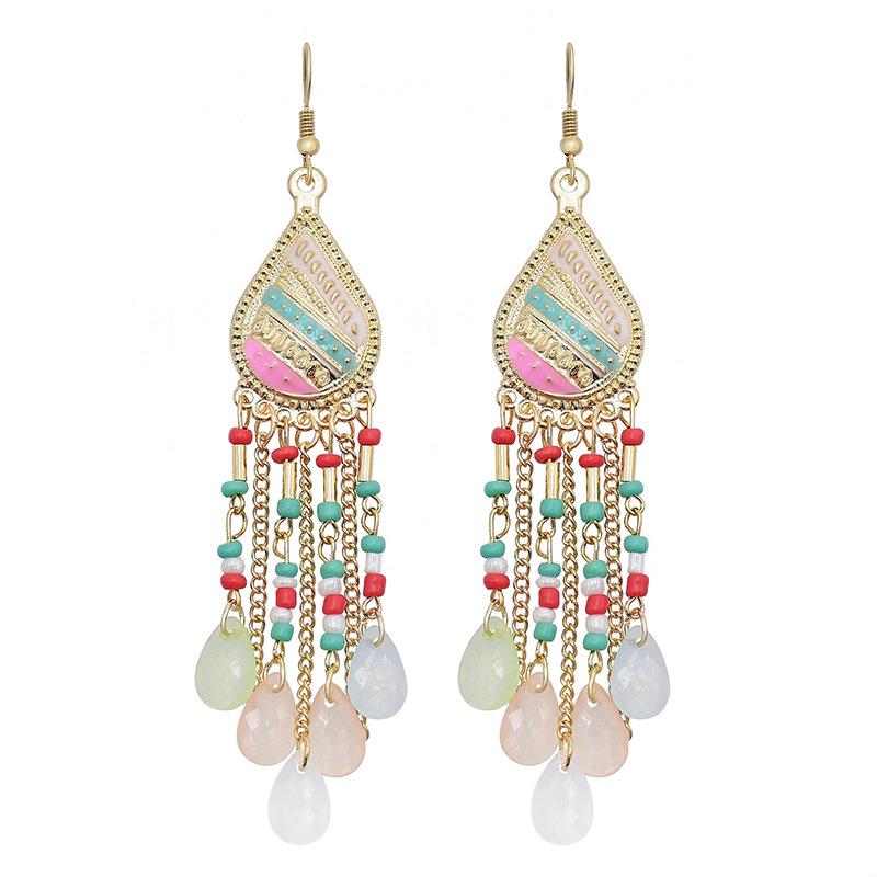 Bohemian Crystal Tassel Earrings - Ethnic Style, Slim Face, Exaggerated Design for Travel