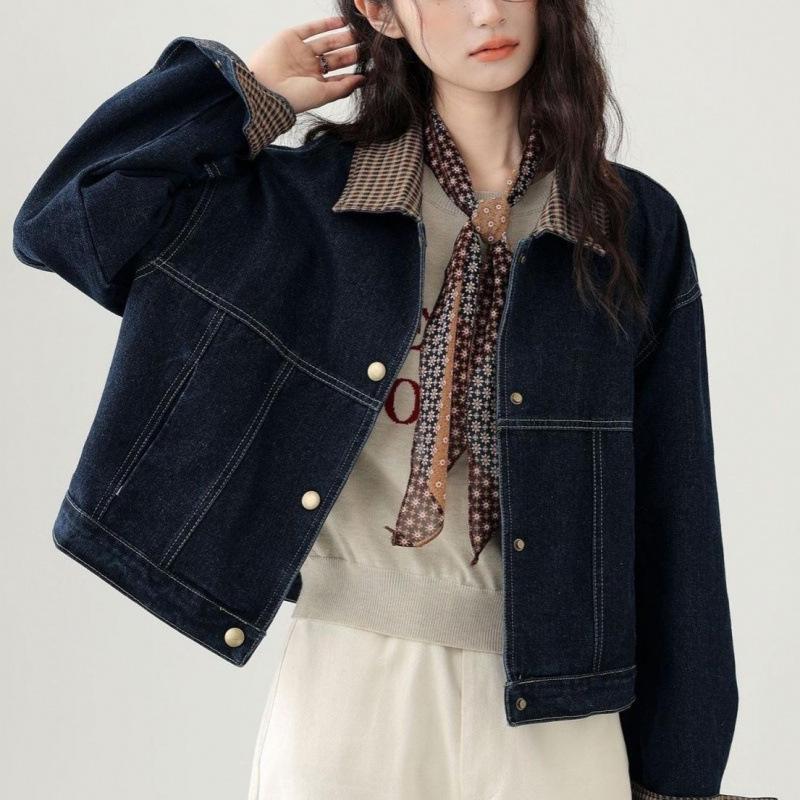 2025 A/W Hong Kong Style Plaid Patchwork Lapel Denim Short Jacket for Women - Trendy Petite Top