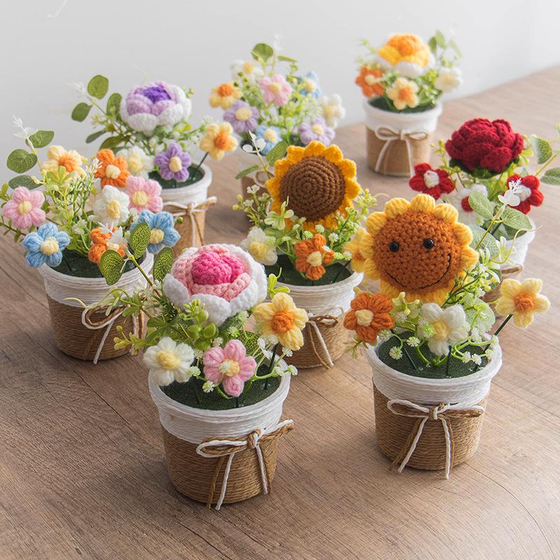 Cross-Border Sunflower Yarn Knitted Bonsai Teacher's Day Gift - Woven Flower Desktop Ornament