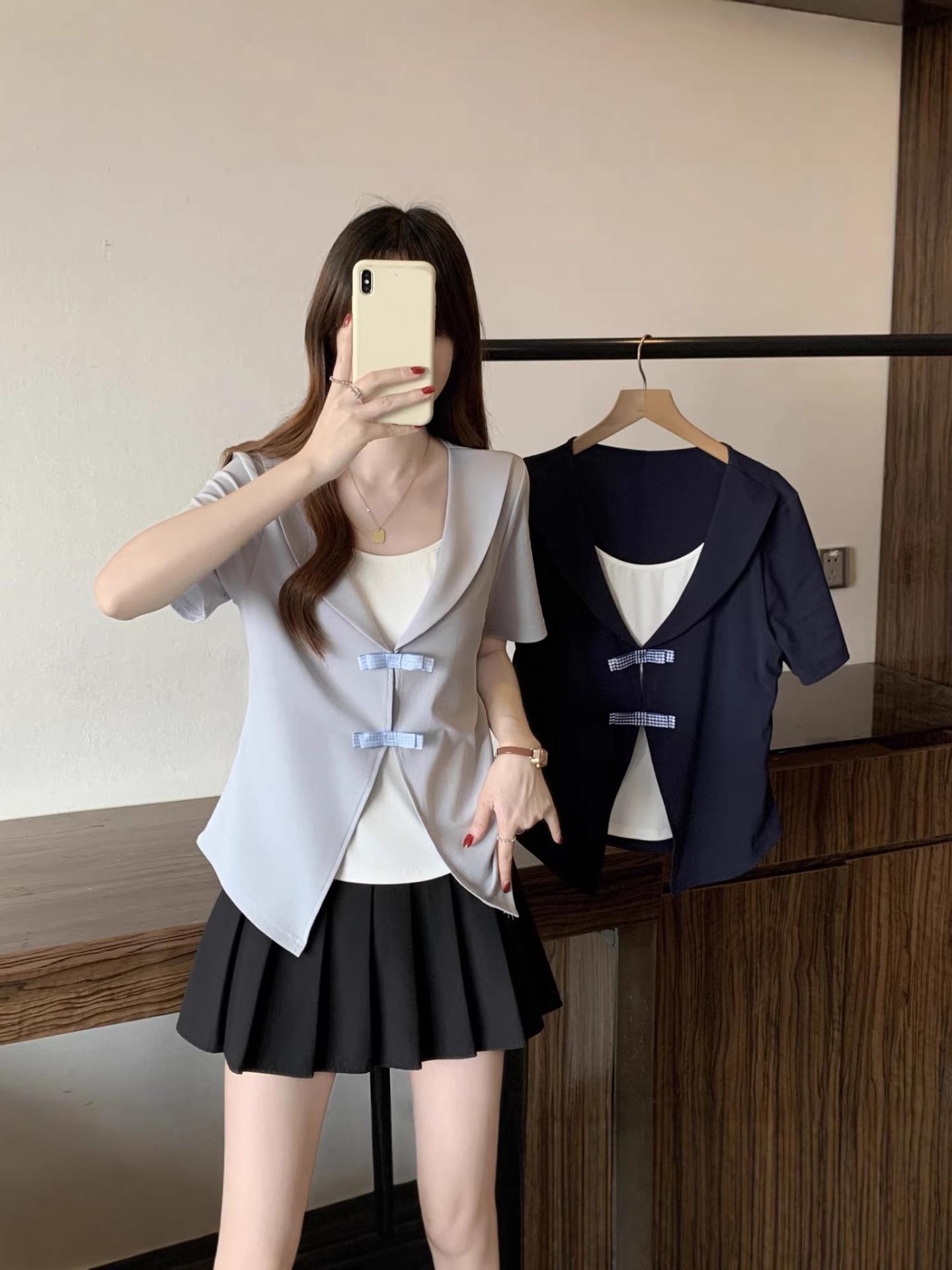 2026 Summer Women s Plus Size Navy Collar Two-Piece Style Short Sleeve Slim Fit Top XXXXL