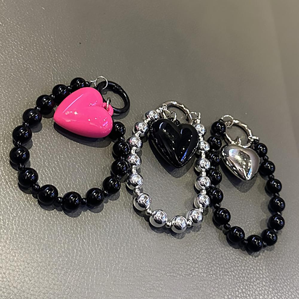 Korean Stylish Love Heart Pendant Beaded Phone Charm Strap Bracelet For iPhone Camera Accessories Bag Women Girl Hanging Cord