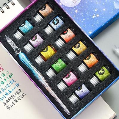 Kleuren Inkt Geschenkdoos Kalligrafie Dip Pen Druppel Vulpen Kristalglas Pennen Schrijfgerei