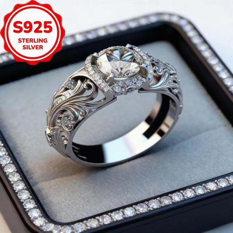 A Lady S925Sterling Silver Ring Inlay5A Zirconia Hollow Carved Flower Ring.Simple and Elegant, It Can Be Used As an Engagement Ring, Wedding Ring,