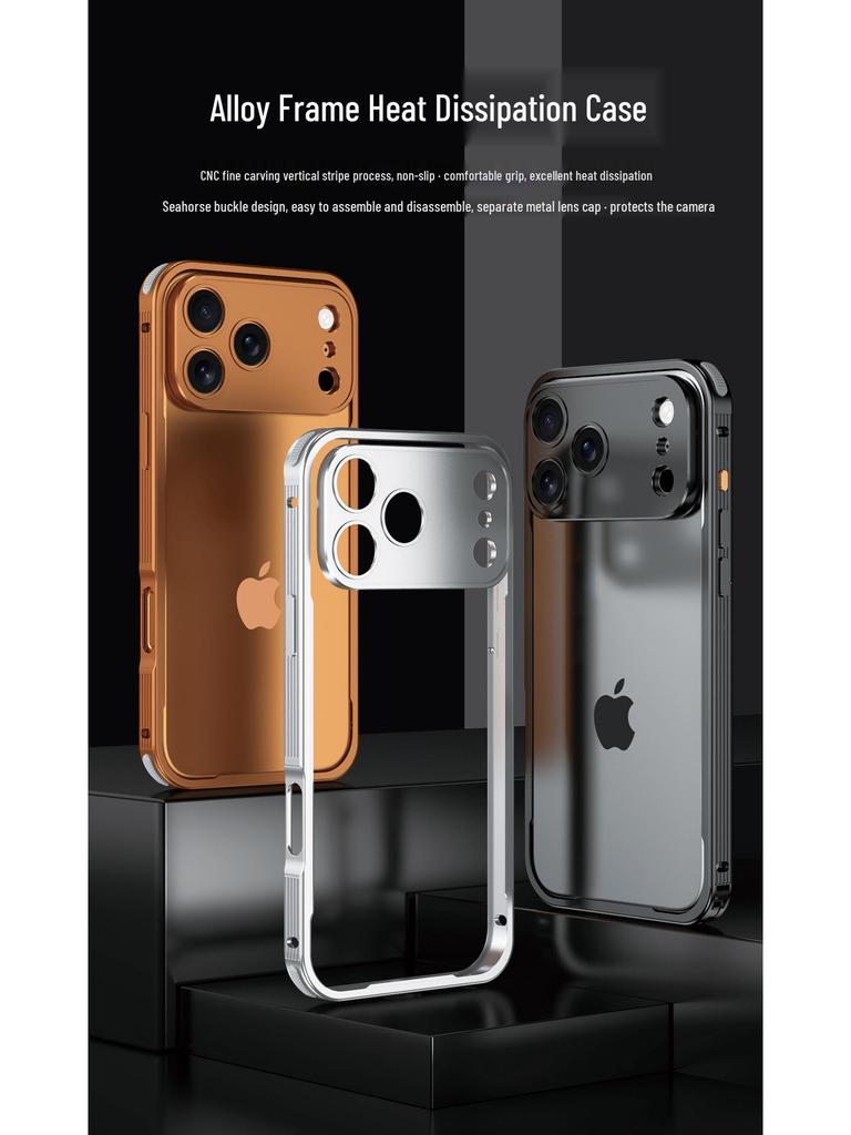 Husă metalică pentru telefon Apple 17 Pro Max cu cataramă hipocamp, disipare căldură pentru protecția obiectivului 15.