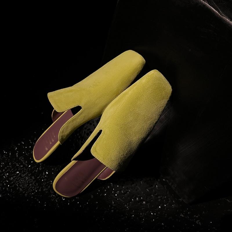 Fashion New Genuine Leather Kid Suede Flat Shoes Slippers Women Covered Toe Natural Leather Casual Slippers Female Daily Walk Slippers