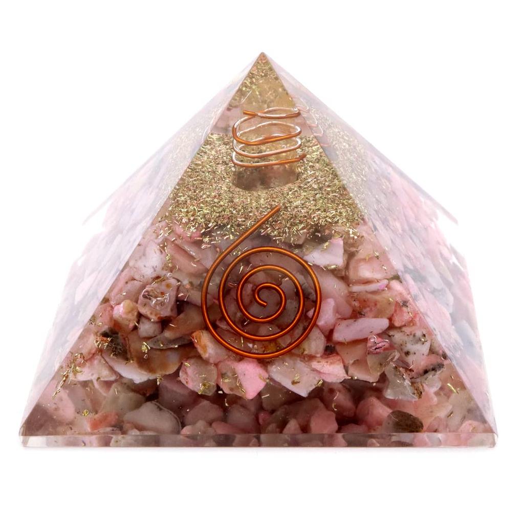 [GOLD STONE] Natural Orgonite Pyramid with Single Quartz Crystal, Spiritual Item, Approximately 65-70mm Wide, Pink Opal