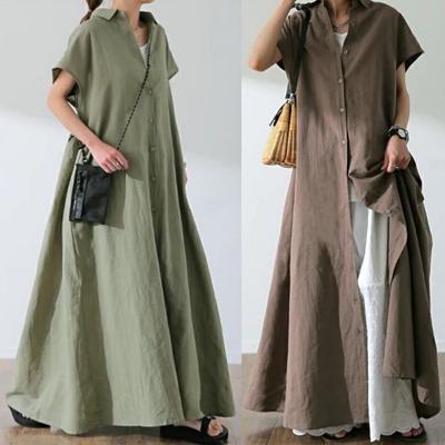Tooxika New Women's Solid Color Short-sleeved Cotton And Linen Dress Loose Lapel Shirt Long Skirt