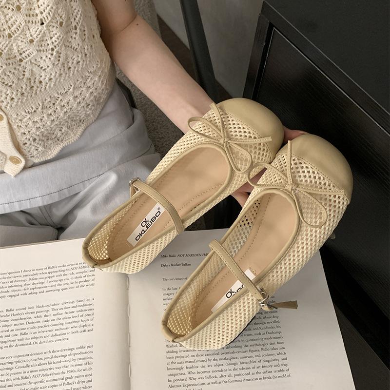 Flat-bottomed mesh breathable Mary Jane single shoes women's summer new gentle evening bow sandals mesh shoes