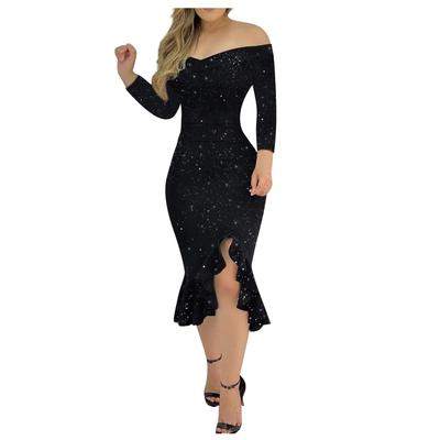 (Tolles Zuhause)Damen-Kleid, lässig, sexy, einfarbig, einzeiliger Ausschnitt, Rüschen, Schlitz, Pailletten