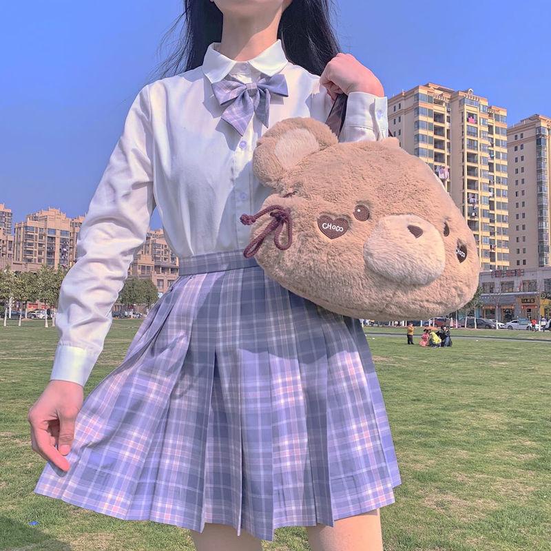 JK Skirts Women Summer High Waist Skirts Korean Style Pleated Skirts for Girls Cute Sweet Ladies Plaid Mini Skirt Shirt Bow Tie Women Set