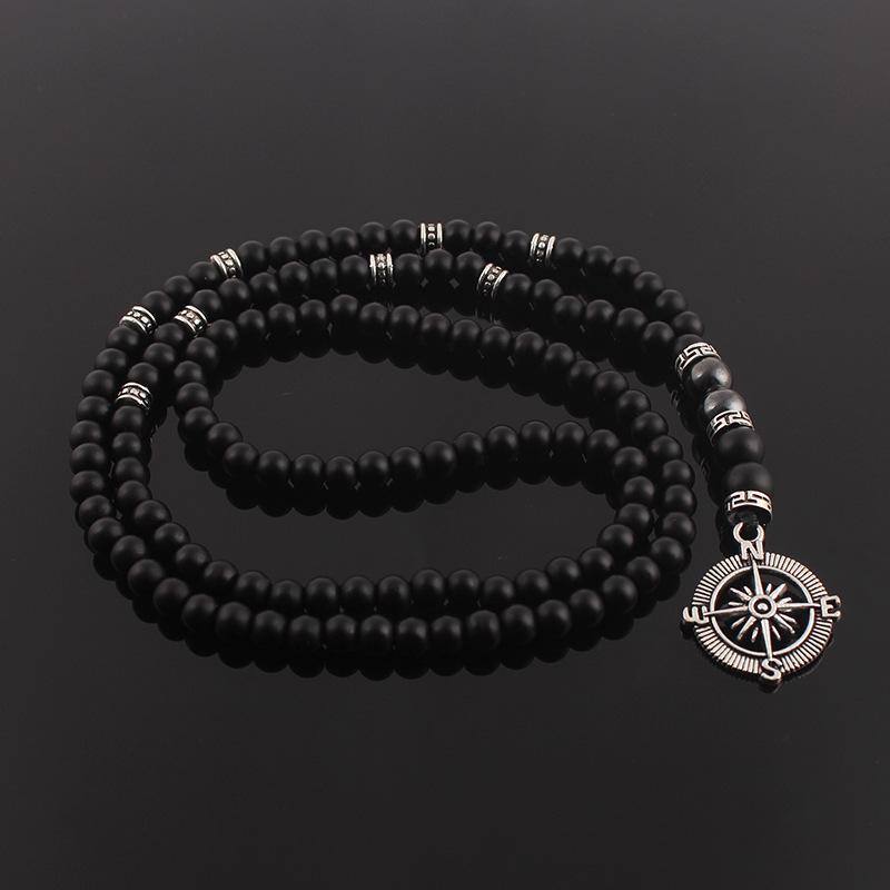 Matte Black Agate Alloy Compass Pendant Necklace - Classic Yoga Design