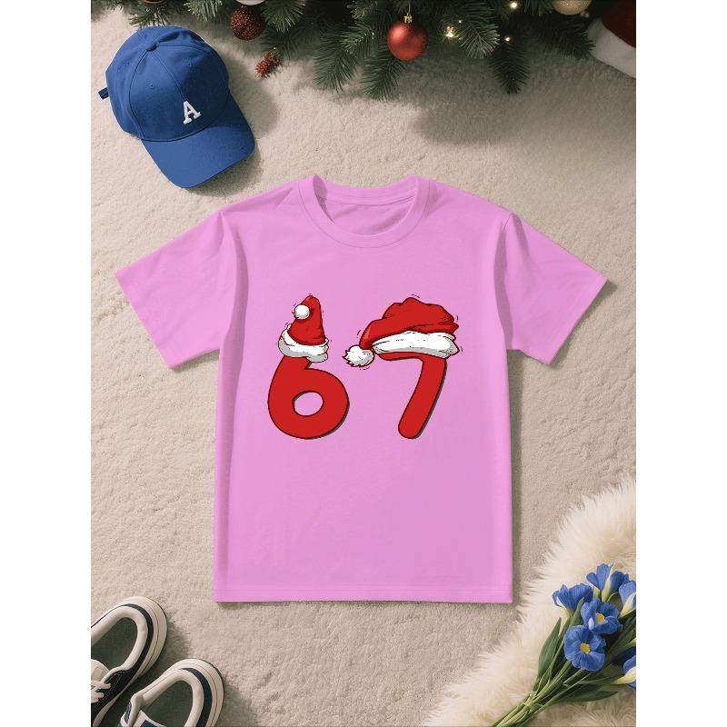 European sizes Merry Christmas! Stylish And Unique Short-Sleeve Top for Boys Featuring a '67' Pattern with Cartoon Prints