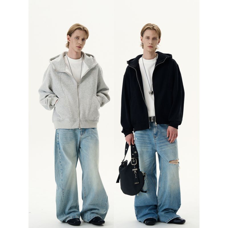 Kisko Trendy American-Style Heavyweight Double-Zipper Air Layer Hooded Sweatshirt for Men and Women with a Stylish Silhouette and Casual Fit