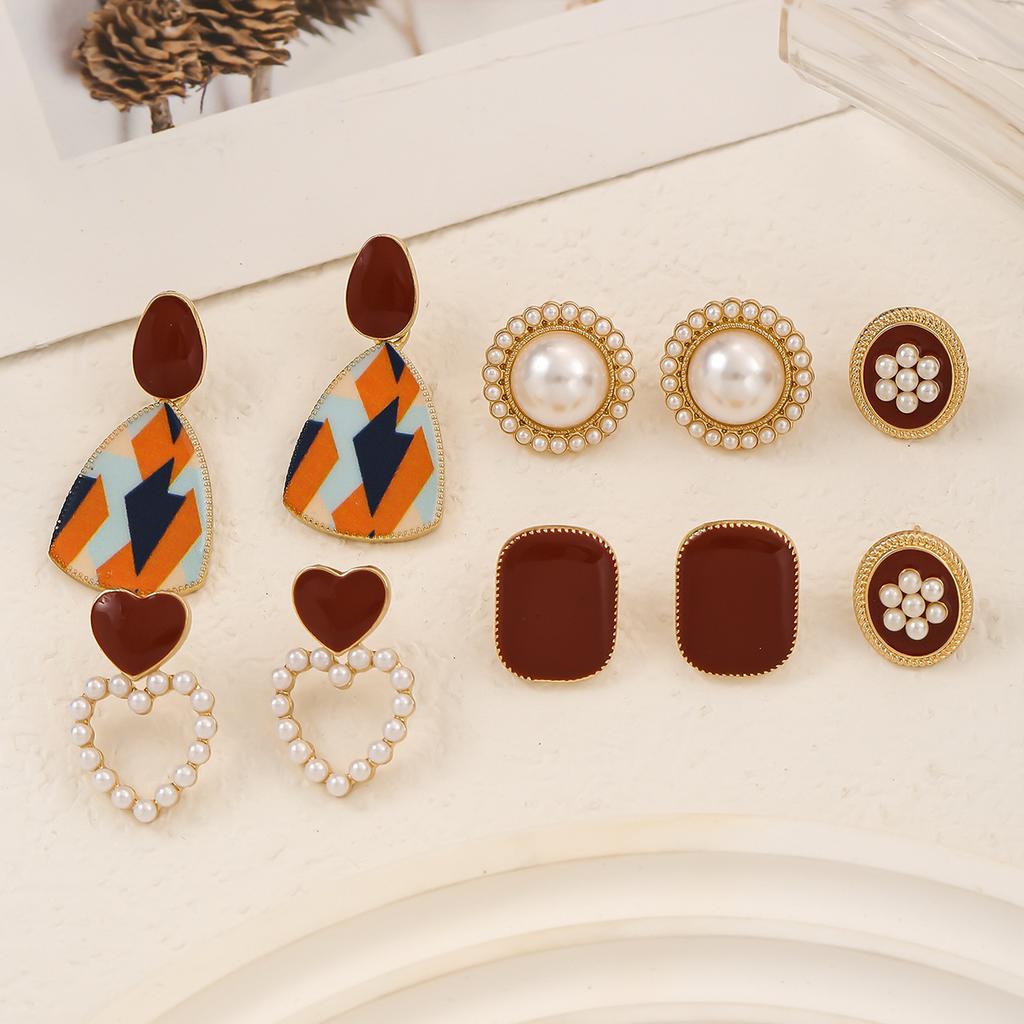 Women Boho All Match Love Heart Pearl Resin Geometry Ear Stud Earring Set