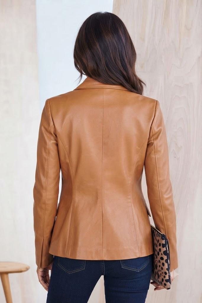 Blazer elegante de couro marrom feito à mão AL KHALID, novo, formal, para festa, feminino, pele de cordeiro, designer