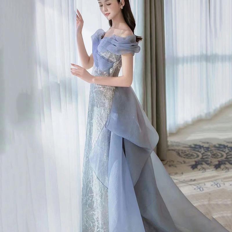 Light Blue Banquet Dress, Heavy Industry Bead Super Fairy Light Luxury Fishtail Skirt, Toast Dress, Annual Meeting One-word Shoulder Catwalk Dress