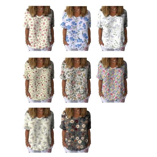Women T-shirt V-neck Short Sleeve Flower Printed Tee Shirt Loose Fit Dropped Shoulder Sleeve