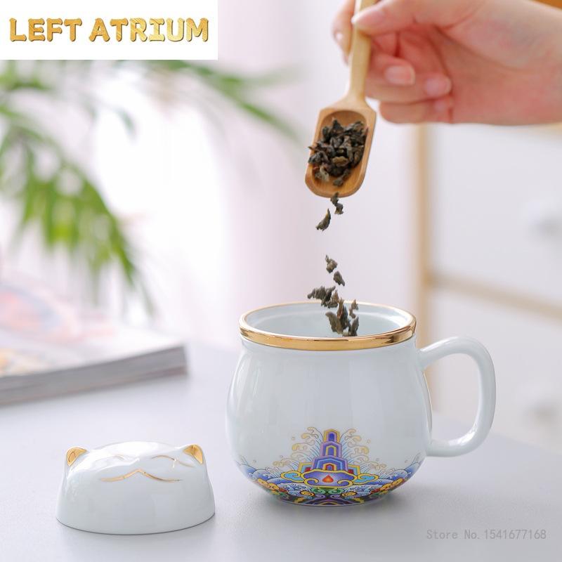 Chinese Cartoon Ceramic Cat Mug Office Teacup with Cover Separated Tea Cup for Tea Gift Cup 320ml , 1Pc