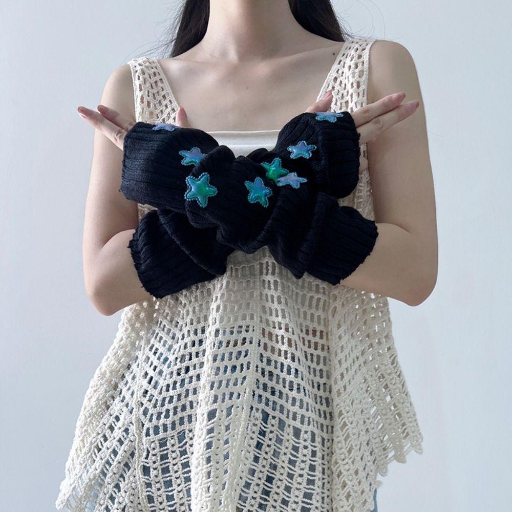 Y2k Star Knitted Gloves Gothic Wool Sleeve Cuff Punk Fingerless Gloves  Girls