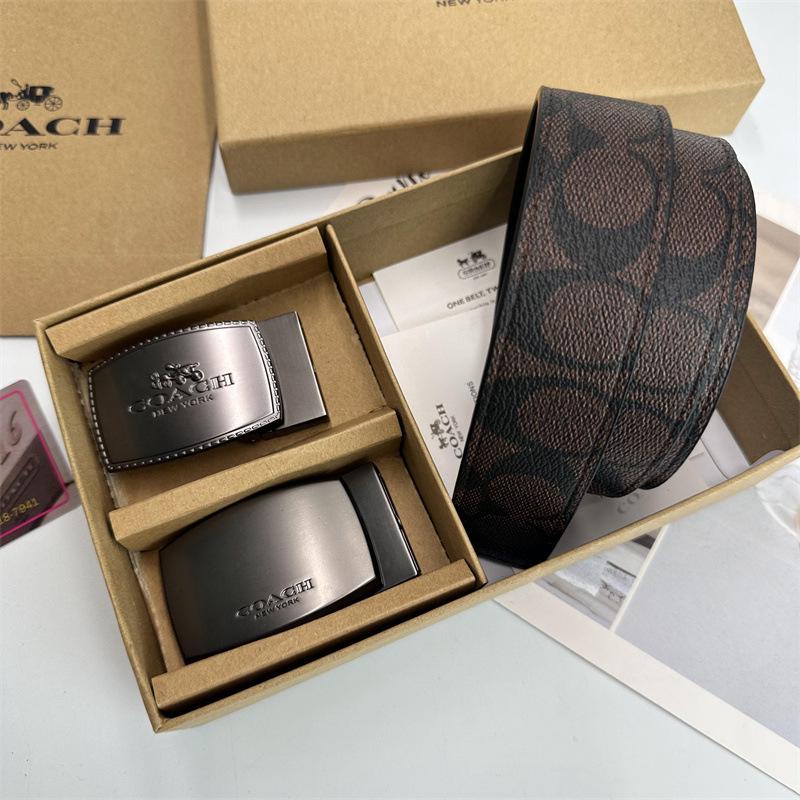 Men's Classic Double Buckle Leather Belt with C Buckle and Fabric Texture - Business Casual Trousers Accessory