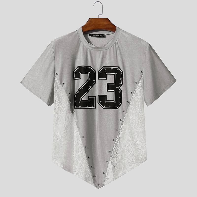 INCERUN Men O Neck Short Sleeve Letter Print Lace Patchwork Irregular Tops T-shirts