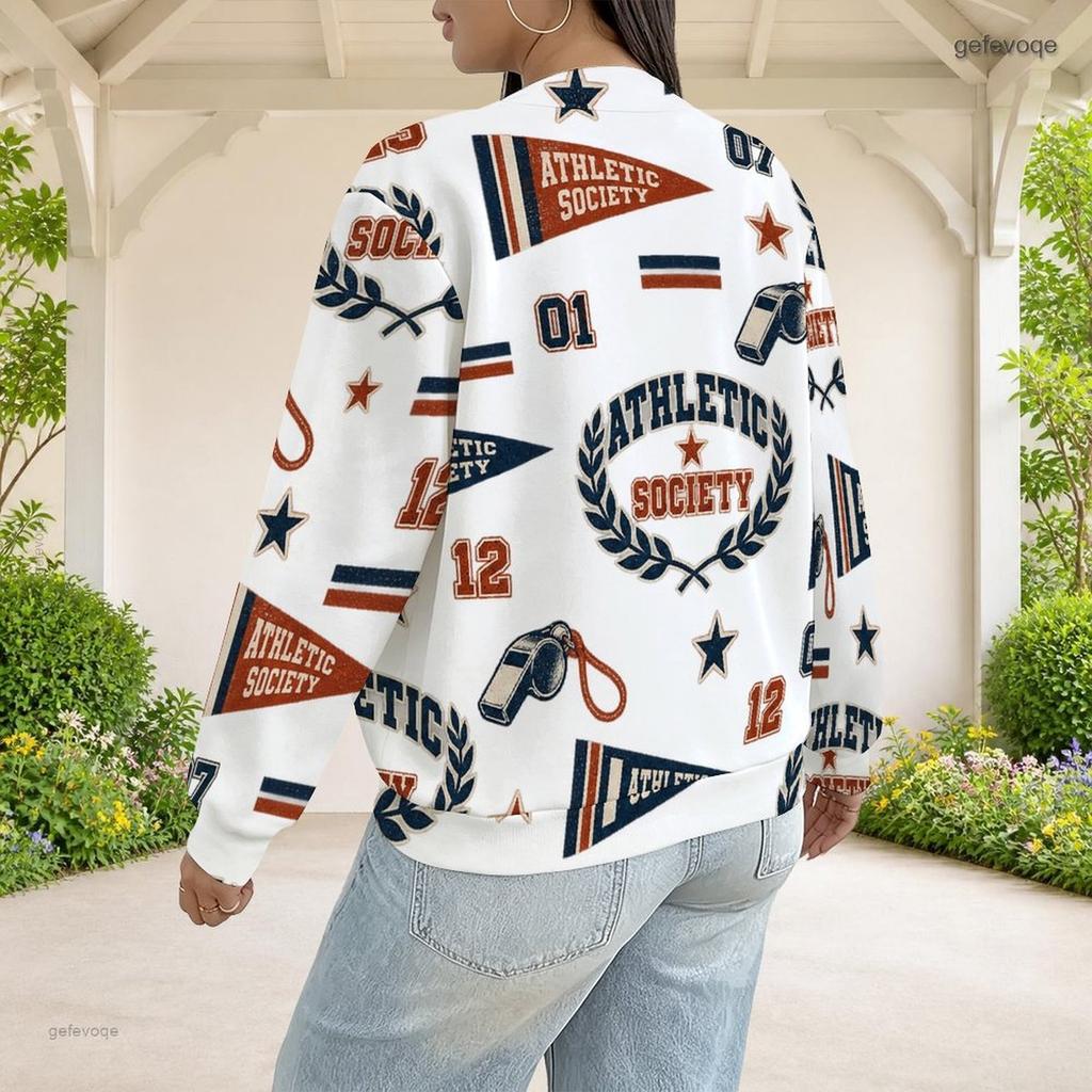 Women Plus Size White Rose Printed Baseball Collar Long Sleeve Jacket With Pockets