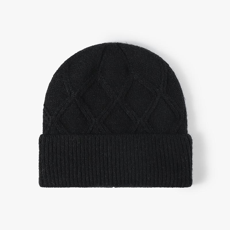 Unisex Winter Knitted Beanie Hat With Diamond Pattern Warm Soft Wool Blend Cuffed Skull Fashion Cold Weather Headwear  Women Men
