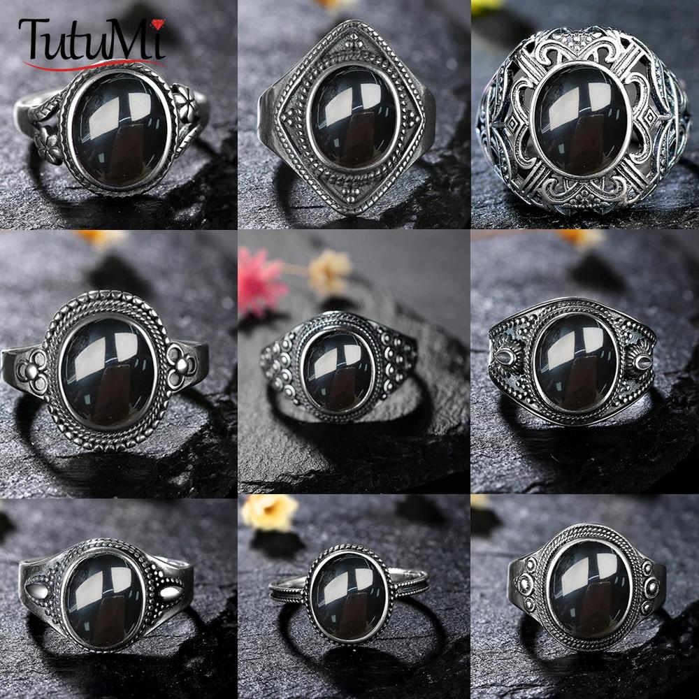 Vintage 925 Sterling Copper Ring Natural Black Onyx Ring Oval Round Stone Retro Fine Zircon Gift Sun Shaped For Women Men