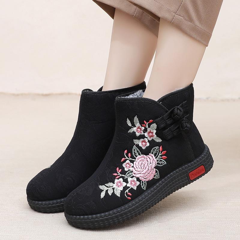 Botas altas bordadas: Sapatos de algodão quentes, antiderrapantes e com sola macia para idosos - estilo étnico, perfeitos para o inverno(Peça um tamanho acima)