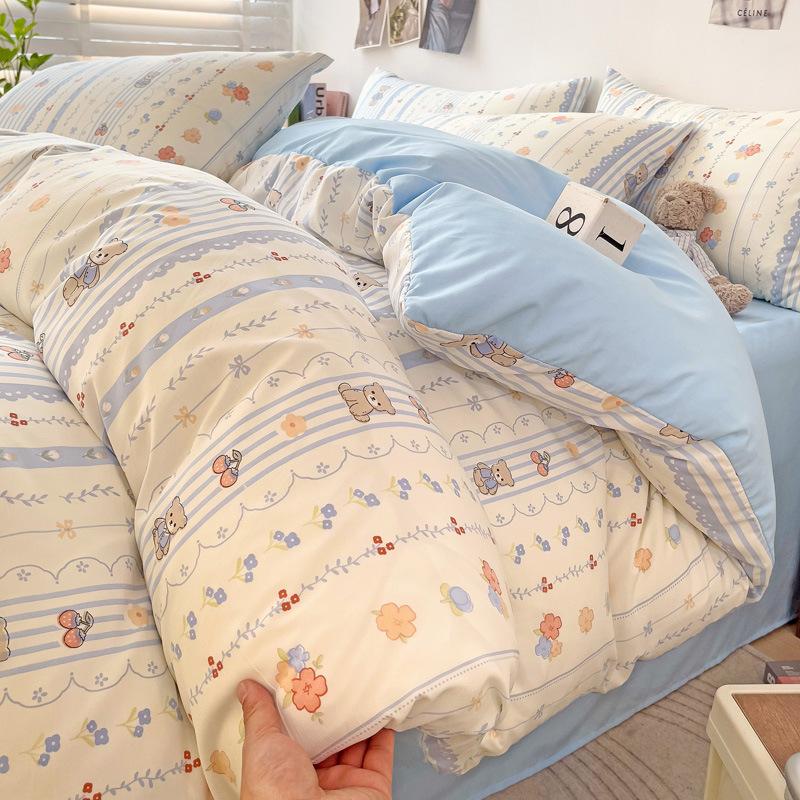 Small Fresh Mattress Quilt Cover Class A Maternal And Infant Grade Cartoon Dormitory Bed Sheet Three-Piece Set Super Soft Washed Cotton 4Pcs Set